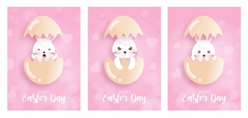 Set of Easter day cards with cute rabbits bunny and Eggs  in paper cut and craft style .