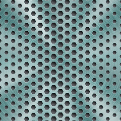 Abstract shiny metal background in light blue color with circular brushed texture and hexagonal holes