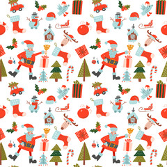 Stylish Merry Christmas seamless pattern with Santa Claus, bird, candies and toys. Seamless pattern for wallpapers, pattern fills, web page backgrounds. Flat hand drawn illustration.