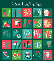 Christmas Advent calendar with hand drawn elements. Xmas Poster. illustration for 25 december days.