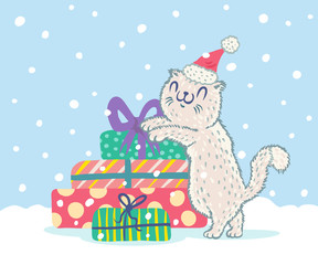 Cat in Santa hat with presents.