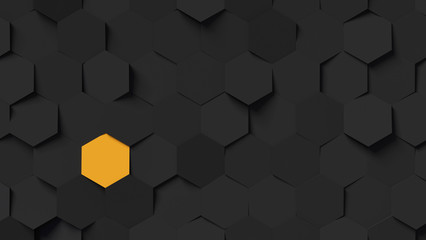 Abstract black hexagon background with single yellow field; honeycomb pattern isolation concept 3d rendering, 3d illustration
