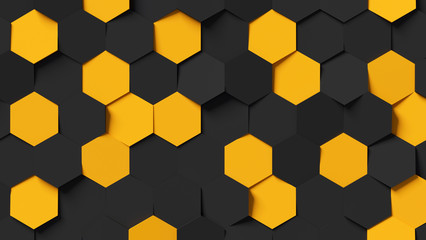 Abstract black and yellow hexagon background 3d rendering, 3d illustration