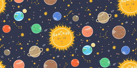 Cute seamless pattern with planets, space, stars, galaxies, constellations.Hand drawn background with sleeping planets.Can be used for childish textile, wrapping paper, baby t-shirt print, kids wear.