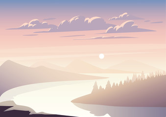 Vector landscape with a river among the forest illustration. Sunset.