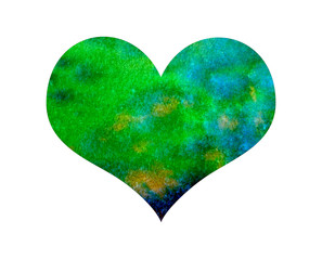 Multicolored hand drawn watercolor blue, green sweet heart heart isolated on white background. Gradient textured brush element for Valentine's Day card, T-shirt design, illustration.