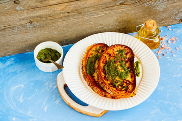 French toast with pesto sauce