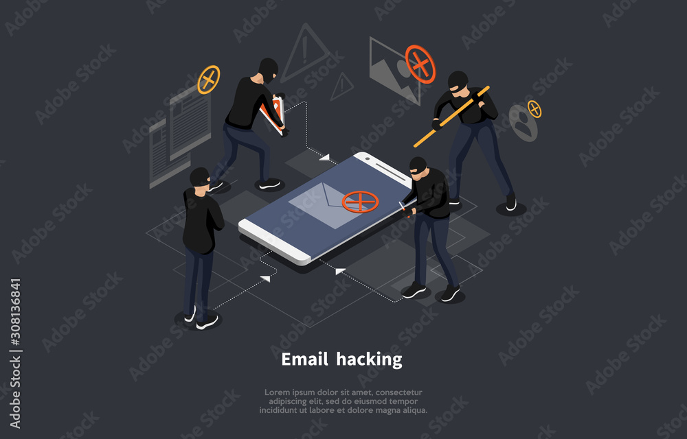 Poster isometric email hacking concept. hacked login and password. network and internet security. anti viru