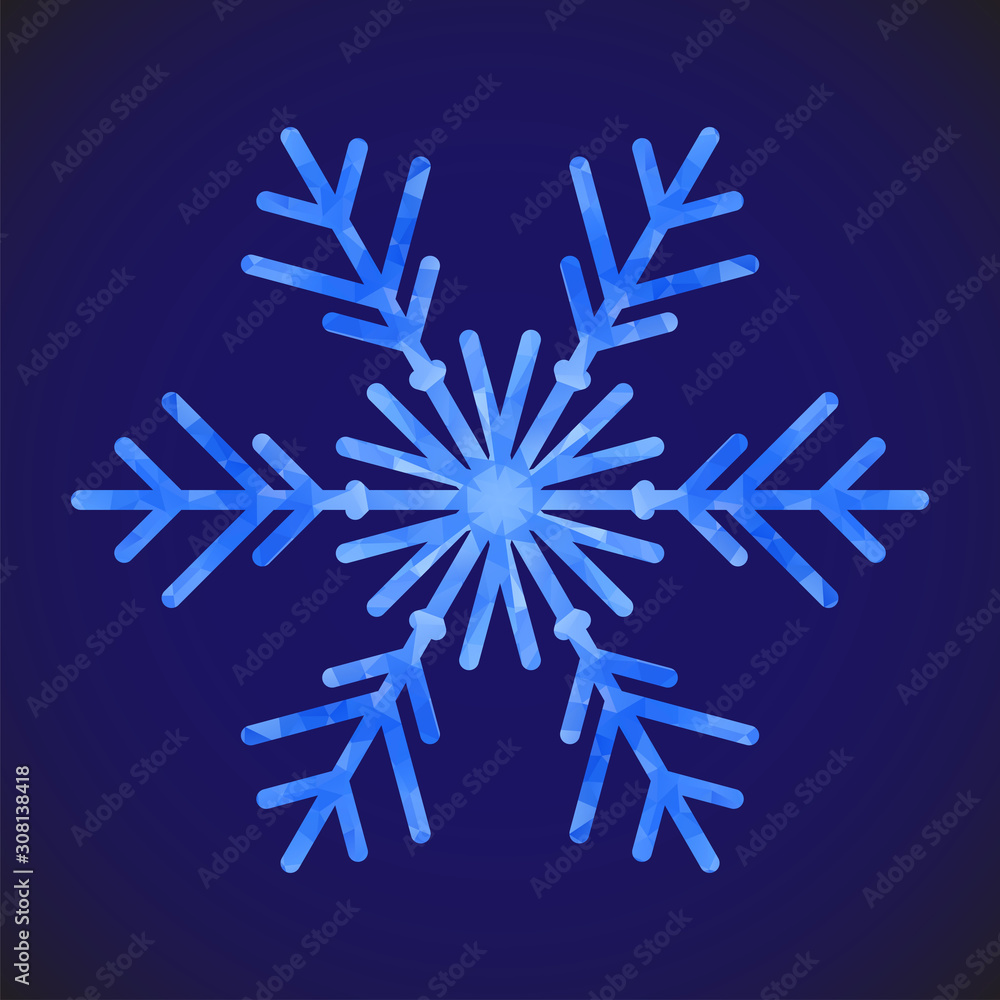 Poster Abstract design template with polygonal snowflake for decoration design. Vector decorative background. Winter symbol. Low poly banner with snowflake on blue background for decorative design.