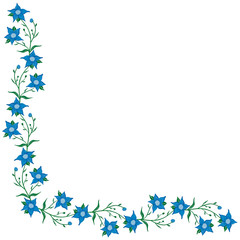 Corner border frame. Pattern with cute blue flowers on a white background. Inspiration by wildflowers. For textiles, packaging, invitations, wedding and holiday decor.