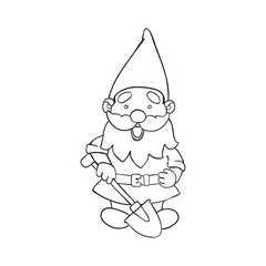 Vector outline illustration of garden gnome with a shovel. Cute fairytale character