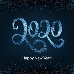 Vector hand drawn typography card 2020 Happy New Year card with classic blue glitter confetti. Trendy colorful design, holiday greeting card. Dark blue background with shiny lettering.