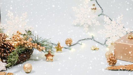 2020 Christmas and new year background banner with the beautiful decor gift for holiday in winter. On bright blue, golden and silver color theme with snow flake. top view with copy space.