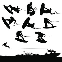 Vector wakeboarding silhouettes of in-air action and a boat pulling a wakeboarder. - obrazy, fototapety, plakaty