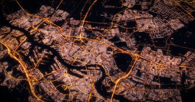 Aerial night view of city of Rotterdam. Traffic and street light glowing. Camera flying above space filming to city center. Rotating around and making endless loop. 3d animation rendering.
