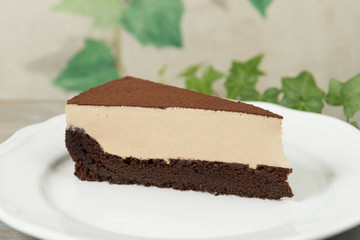 Beautiful slice of Cappuccino cake with brown biscuit, cream and chocolate toping on a white plate