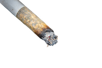 Burning cigarette isolated on white background. Selective focus. Close up. Space for lettering or...