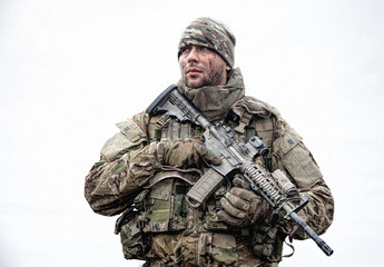 Portrait of modern army infantryman on march
