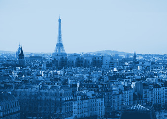 Eiffel Tower and roofs of Paris  in blue monochrome color tone