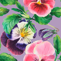 Floral pattern with pansies, watercolor pansy flower. Stock illustration. Seamless background pattern. Fabric wallpaper print texture. 