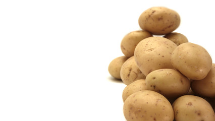 Young white potato, top view. Isolated potatoes on a white background.  Fresh food for vegetarians. Raw vegetable, root vegetable. Photo harvesting potatoes for a designer.