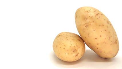Young white potato, top view. Isolated potatoes on a white background.  Fresh food for vegetarians. Raw vegetable, root vegetable. Photo harvesting potatoes for a designer.