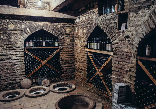 Sighnaghi, Georgia - April 24, 2015. Kvevri vessels for wine production in wine cellar of Pheasant’s Tears winery in Sighnaghi, small town in Kakheti district