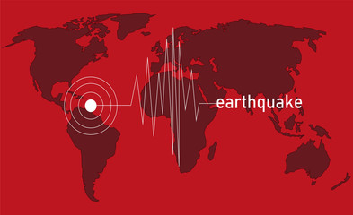 Earthquake sign on world map  . Earthquake center point