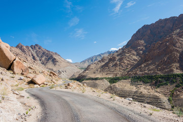 Ladakh, India - Aug 22 2019 - Beautiful scenic view from Between Yangtang and Hemis Shukpachan in Sham Valley, Ladakh, Jammu and Kashmir, India.