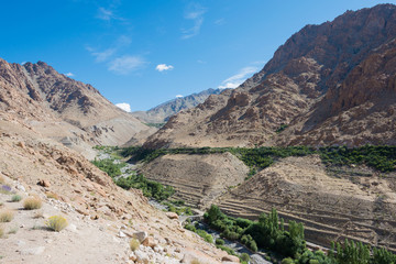Fototapeta na wymiar Ladakh, India - Aug 22 2019 - Beautiful scenic view from Between Yangtang and Hemis Shukpachan in Sham Valley, Ladakh, Jammu and Kashmir, India.