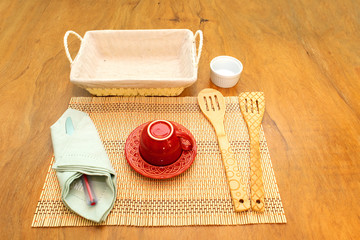  Table set with crockery and kitchen elements