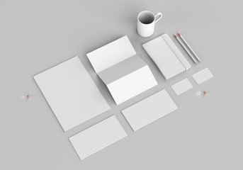 Base white stationery mockup template for branding identity on gray background for graphic designers presentations and portfolios. 3D rendering.