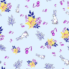 Vector light blue background rabbits bouquet flower garden seamless pattern illustration for birthday, fabric, party, event, decoration, gift wrap, scrapbook project, print, wallpaper, textile design