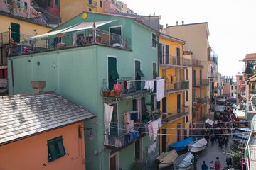 Fototapeta na wymiar Typical street in the small fisherman village Manarola in National Park of Cinque Terre, Liguria, Italy.