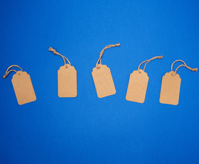 set of empty paper brown rectangular tags on a rope, price tags