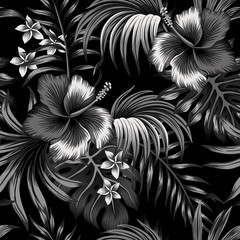 Tropische donkere nacht hibiscus bloemen palmbladeren naadloze patroon zwarte achtergrond. Exotisch zomerbehang.