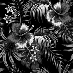 Keuken foto achterwand Hibiscus Tropische donkere nacht hibiscus bloemen palmbladeren naadloze patroon zwarte achtergrond. Exotisch zomerbehang.