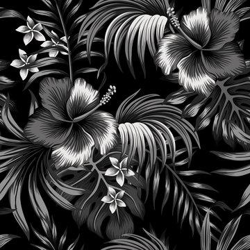 Tropical dark night hibiscus floral palm leaves seamless pattern black background. Exotic summer  wallpaper.