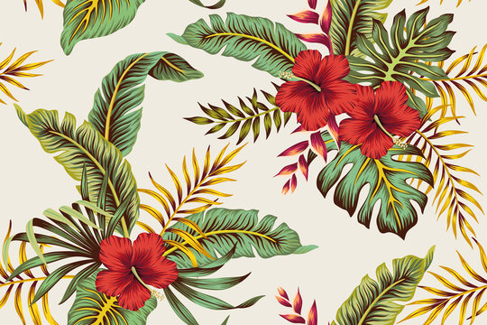 Tropical vintage red hibiscus floral green and yellow palm leaves seamless pattern ivory background. Exotic wallpaper