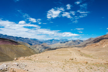 Fototapeta na wymiar Ladakh, India - Aug 23 2019 - Mebtak La Pass 3840m view from Between Hemis Shukpachan and Tingmosgang (Temisgam) in Sham Valley, Ladakh, Jammu and Kashmir, India.