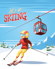 Skier on ski slope , cable car and mountains in background