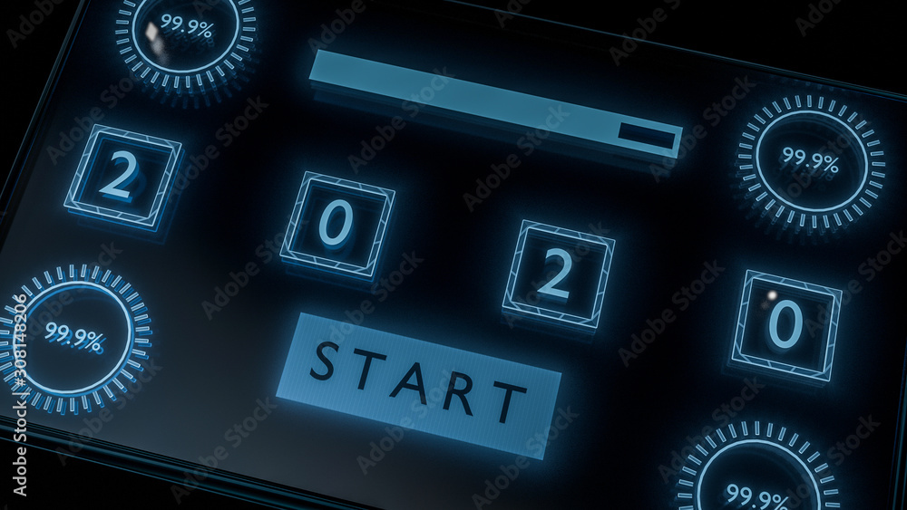 Poster close up, futuristic glass screen with progress bar and number 2020. technical concept for countdown