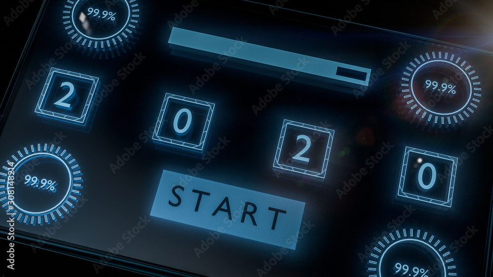 Poster close up, futuristic glass screen with progress bar and number 2020. technical concept for countdown