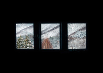 Winter landscape snowy forest, view from the window, holiday resort