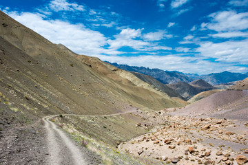 Ladakh, India - Aug 23 2019 - Beautiful scenic view from Between Hemis Shukpachan and Tingmosgang (Temisgam) in Sham Valley, Ladakh, Jammu and Kashmir, India.