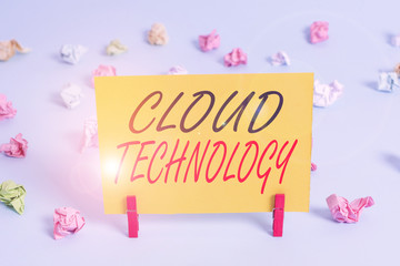 Text sign showing Cloud Technology. Business photo text on deanalysisd availability of computer system resources Colored crumpled rectangle shaped reminder paper light blue background