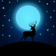 Night landscape with deer silhouette, moon and stars, vector illustration.