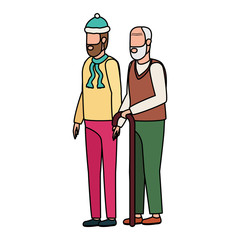 cute grandfather with young son using christmas hat