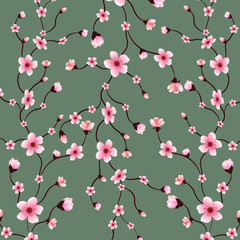 Pattern with cherry blossom branches on green background, vector illustration.