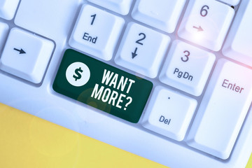 Handwriting text writing Want Morequestion. Conceptual photo If you want something you feel a desire or a need for it White pc keyboard with empty note paper above white background key copy space